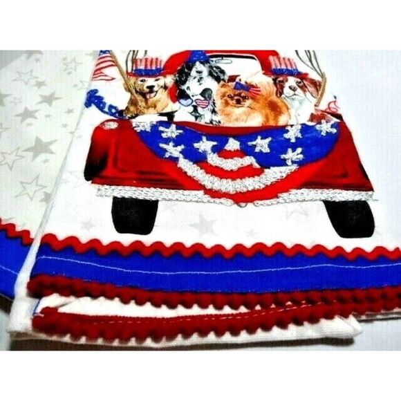 Stars & Stripes Puppy Parade Patriotic Kitchen Towels Dogs Red Truck 2-Piece - Picture 3 of 3